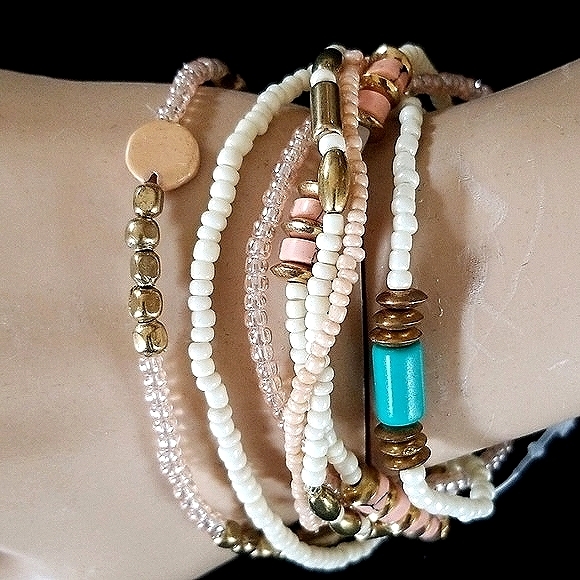 Vintage Boho Turquoise Coral Goldtone Beaded Stackable Stretch Bracelet Set - Picture 9 of 16